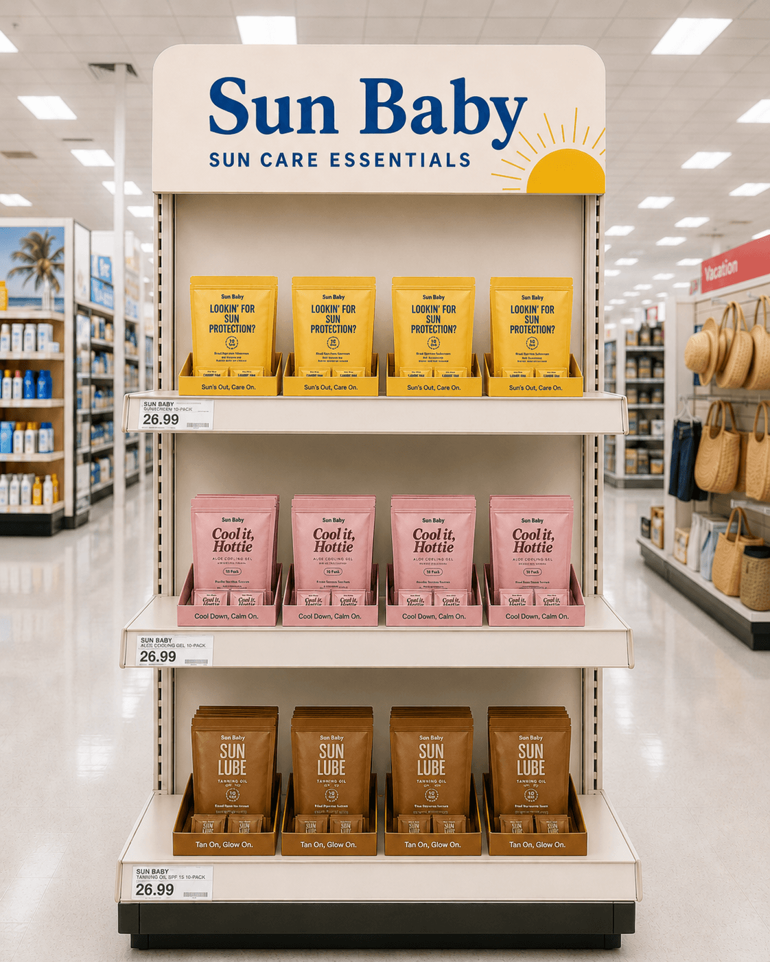 Sun Baby Sun Care Essentials display shelf in a retail store, featuring Lookin' for Sun Protection, Cool It Hottie, and Sun Lube